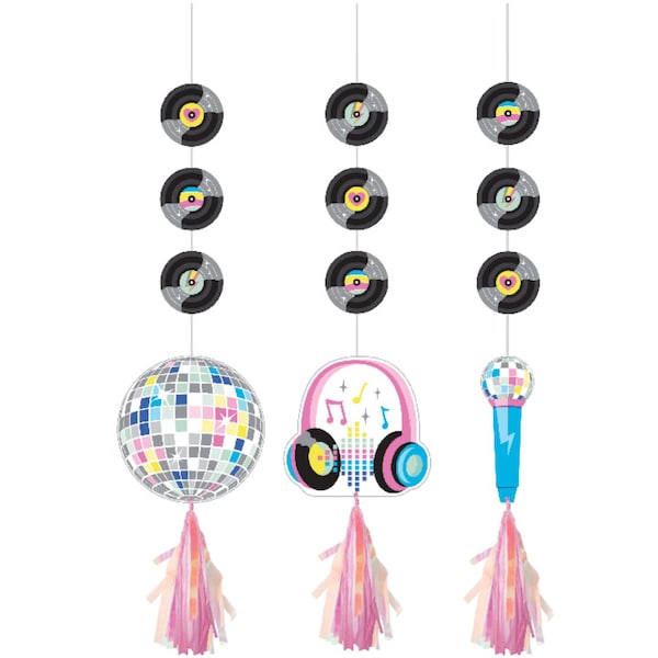 Creative Converting Birthday Beats Disco Ball, Headphones, and Mic w/Vinyl Records and Iridescent Tassels, 36PK 372838 - main